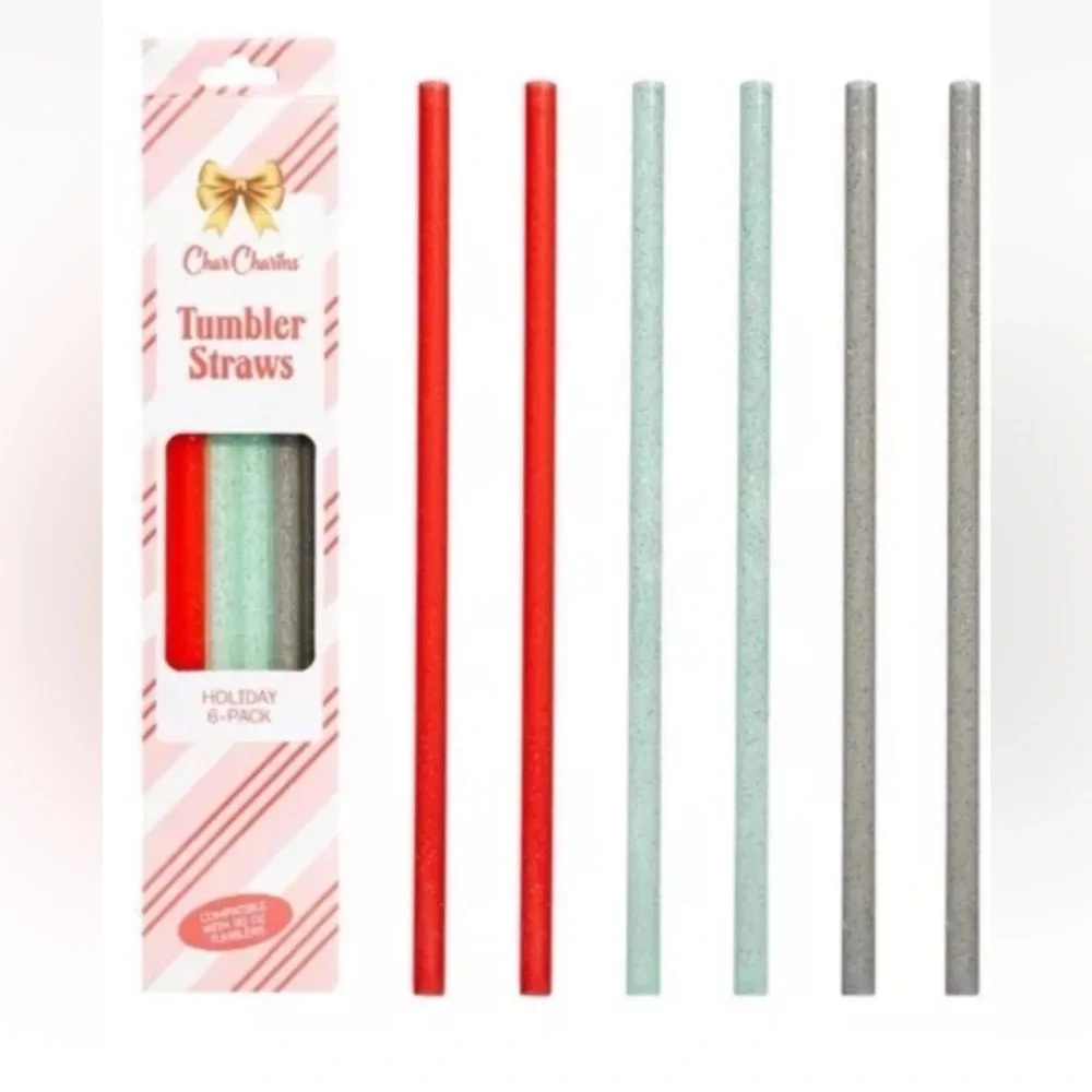 CharCharms 6pk 40oz Holiday Glitter Water Bottle Straws - Red Green Silver NEW!